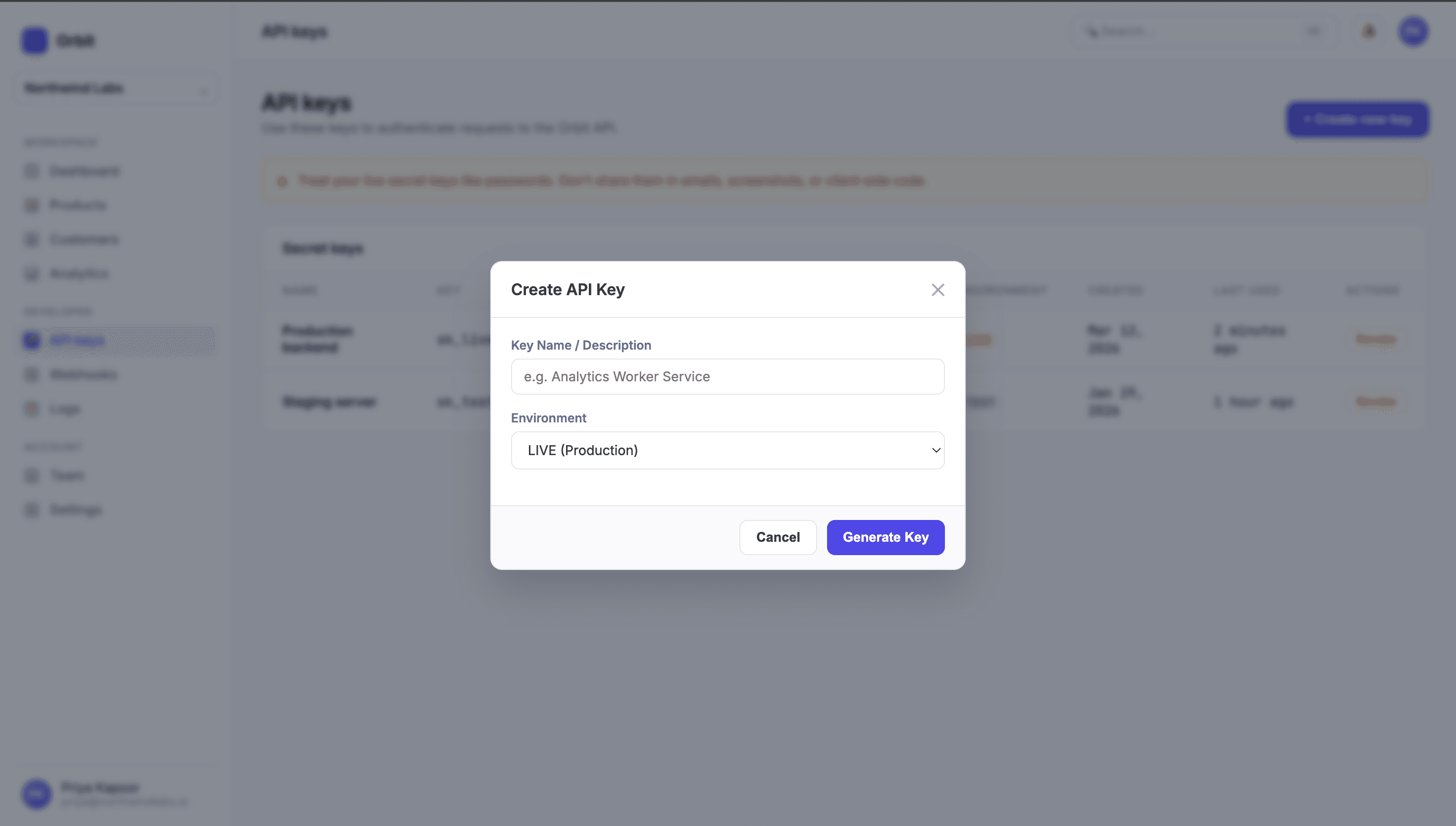 Orbit API Keys Dialog in Demoly Video Player